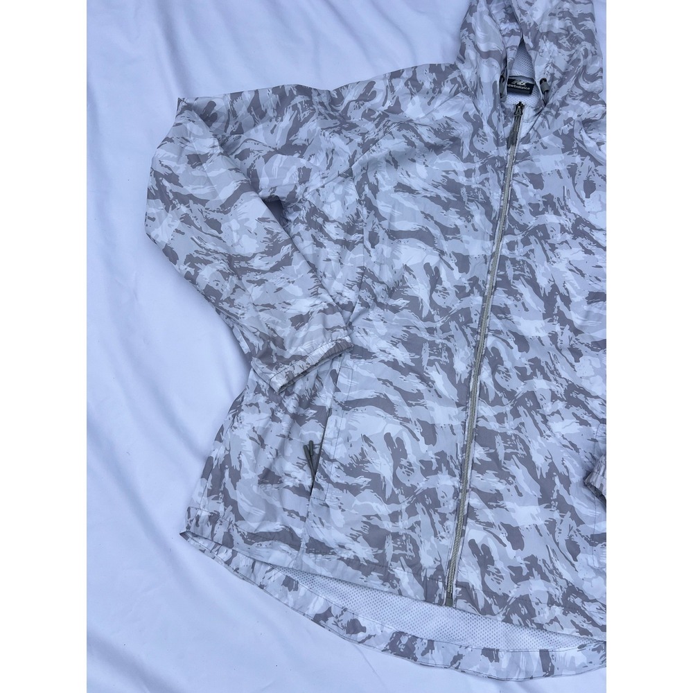 New Balance Womens Grey Camo Full Zip Hooded Windbreaker Jacket Mesh Lined - Picture 2 of 11